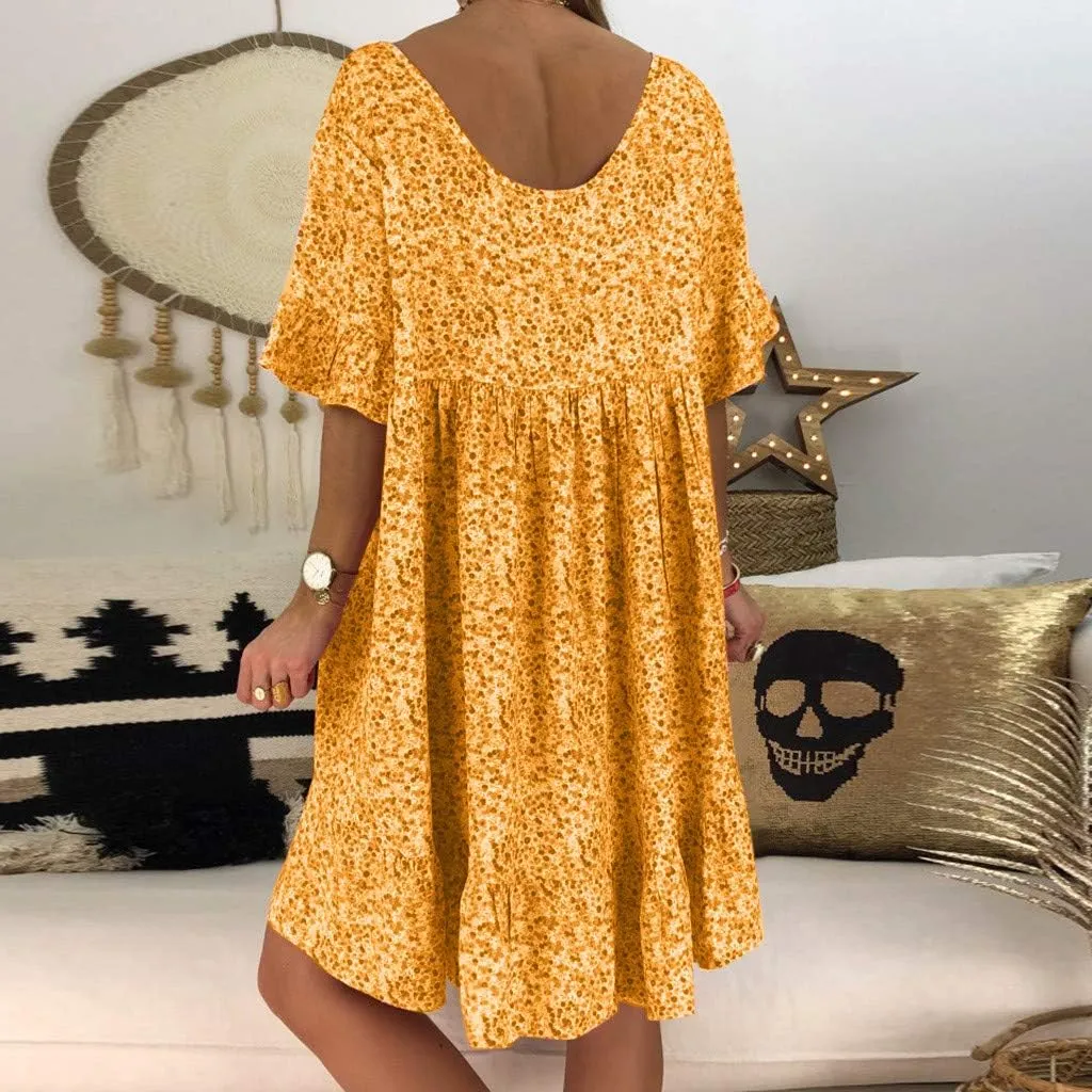 Womens Dresses Formal Occasion Women's Ladies Sexy Loose Print Hlaf Sleeve Ruffles Mini Dress Summer Dress