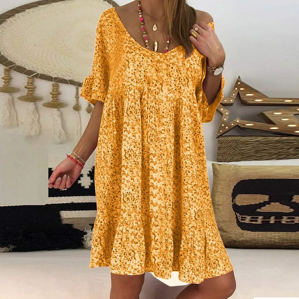 Womens Dresses Formal Occasion Women's Ladies Sexy Loose Print Hlaf Sleeve Ruffles Mini Dress Summer Dress