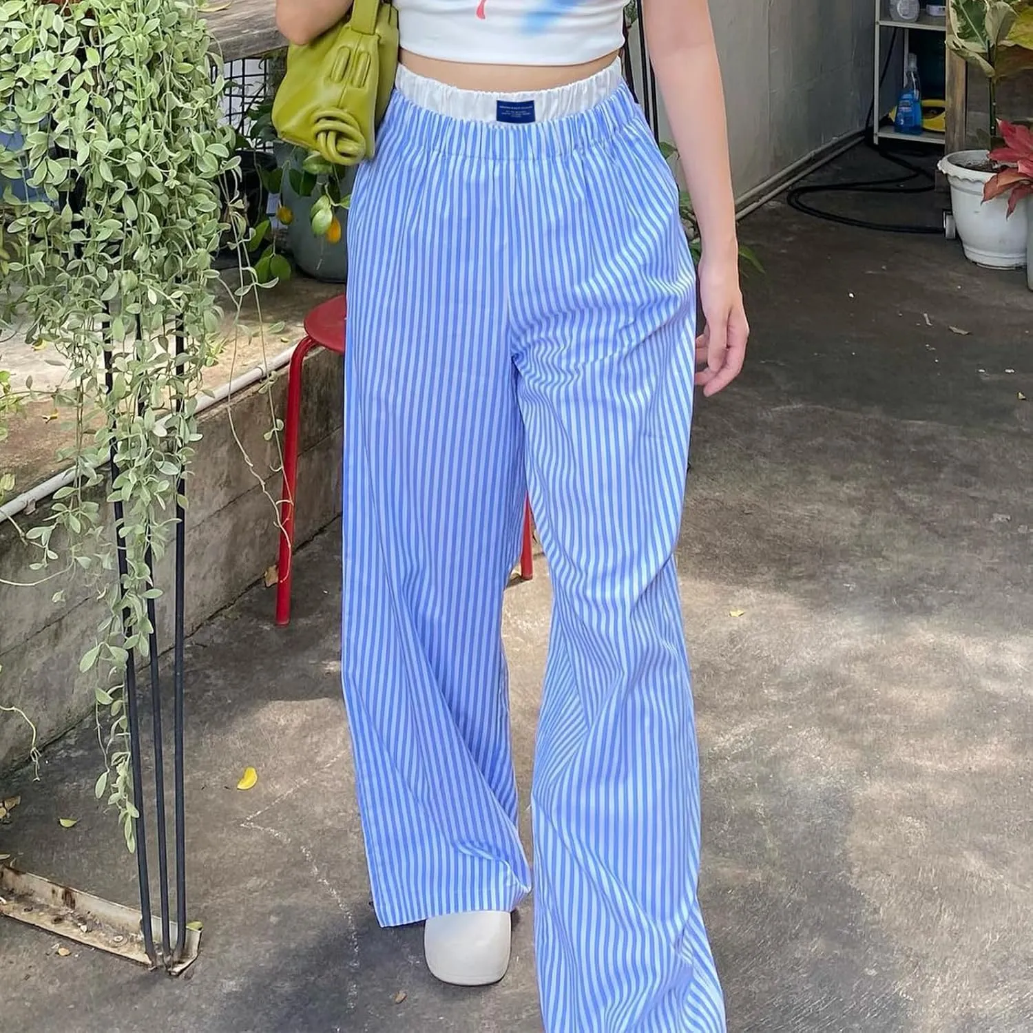 Women's Fashion High Waist Stripe Pants Y2K Patched Elastic Waist Straight Wide Leg Trousers E-girls Pj Bottoms