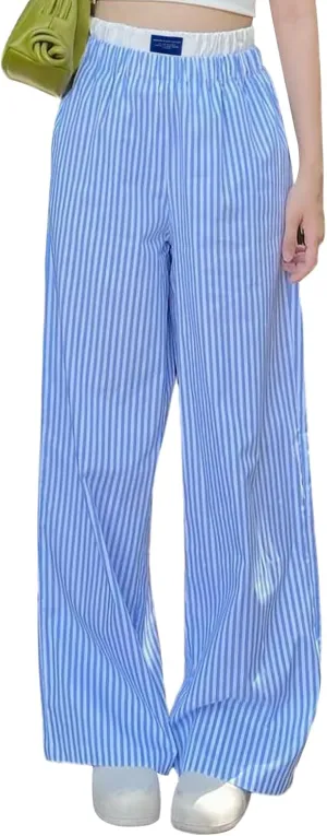 Women's Fashion High Waist Stripe Pants Y2K Patched Elastic Waist Straight Wide Leg Trousers E-girls Pj Bottoms