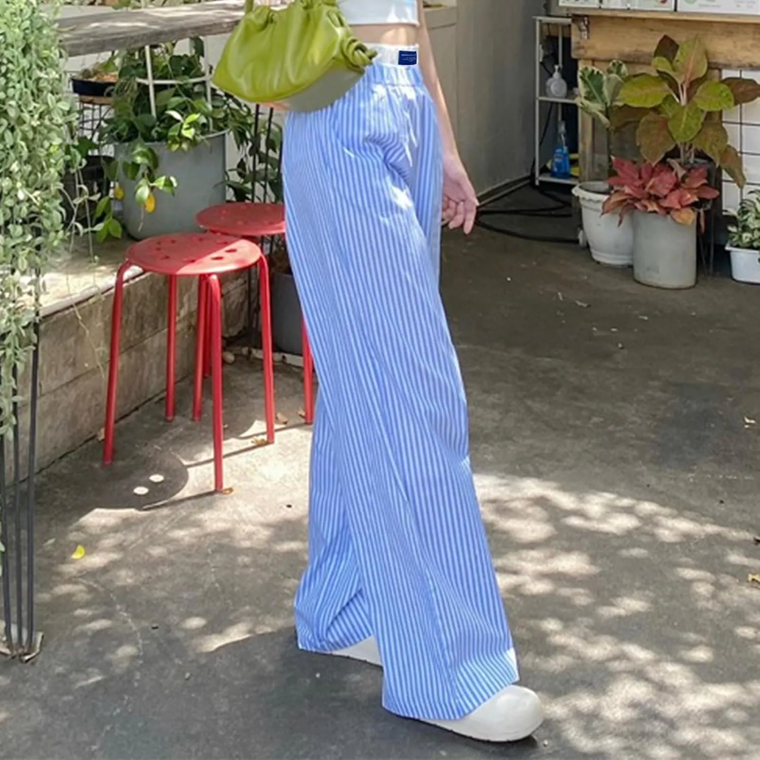 Women's Fashion High Waist Stripe Pants Y2K Patched Elastic Waist Straight Wide Leg Trousers E-girls Pj Bottoms