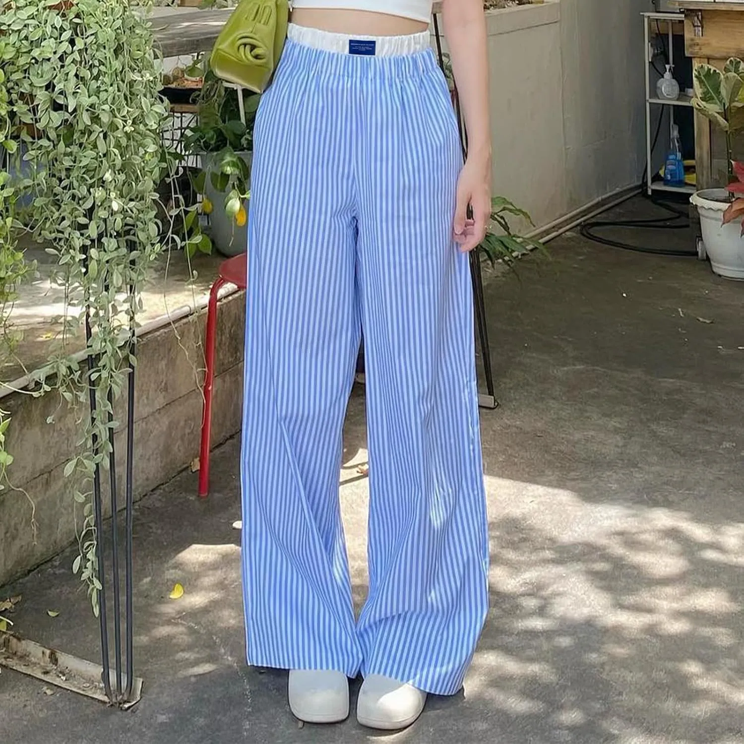 Women's Fashion High Waist Stripe Pants Y2K Patched Elastic Waist Straight Wide Leg Trousers E-girls Pj Bottoms