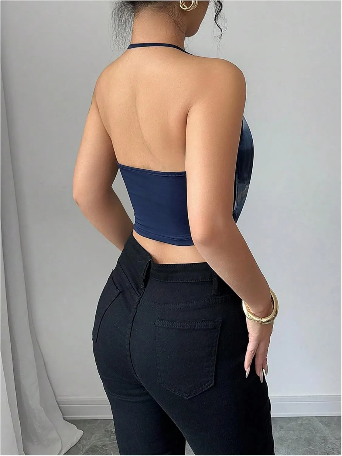 Women's Floral Draped Neck Halter Top Sleeveless Backless Crop Camisole Tops Clubwear