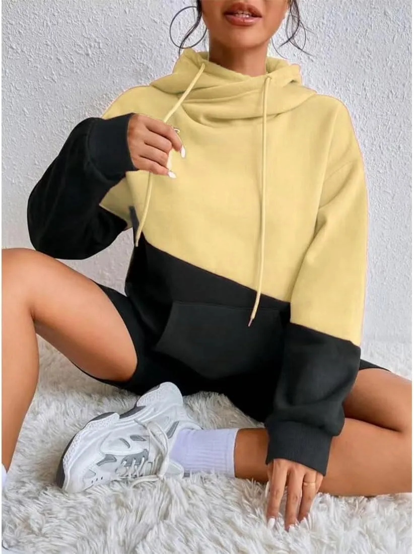 Womens Hoodies Long Sleeve Oversized Sweatshirt with Drawstring Fall Winter Color Block Pullover for Women