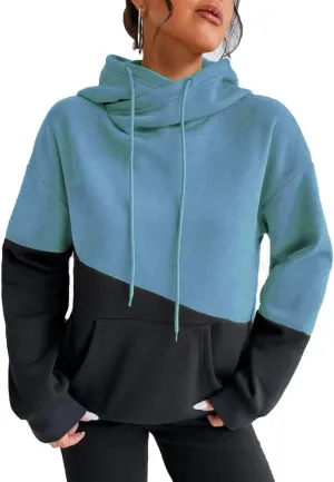 Womens Hoodies Long Sleeve Oversized Sweatshirt with Drawstring Fall Winter Color Block Pullover for Women