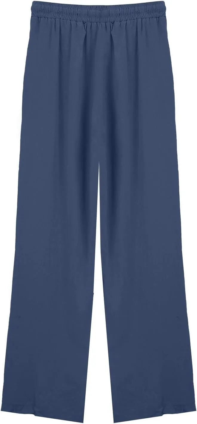 Womens Linen Pants Solid Casual High Waist Loose Fit Drawstring Trousers with Pockets Summer Beach Wear Fashion