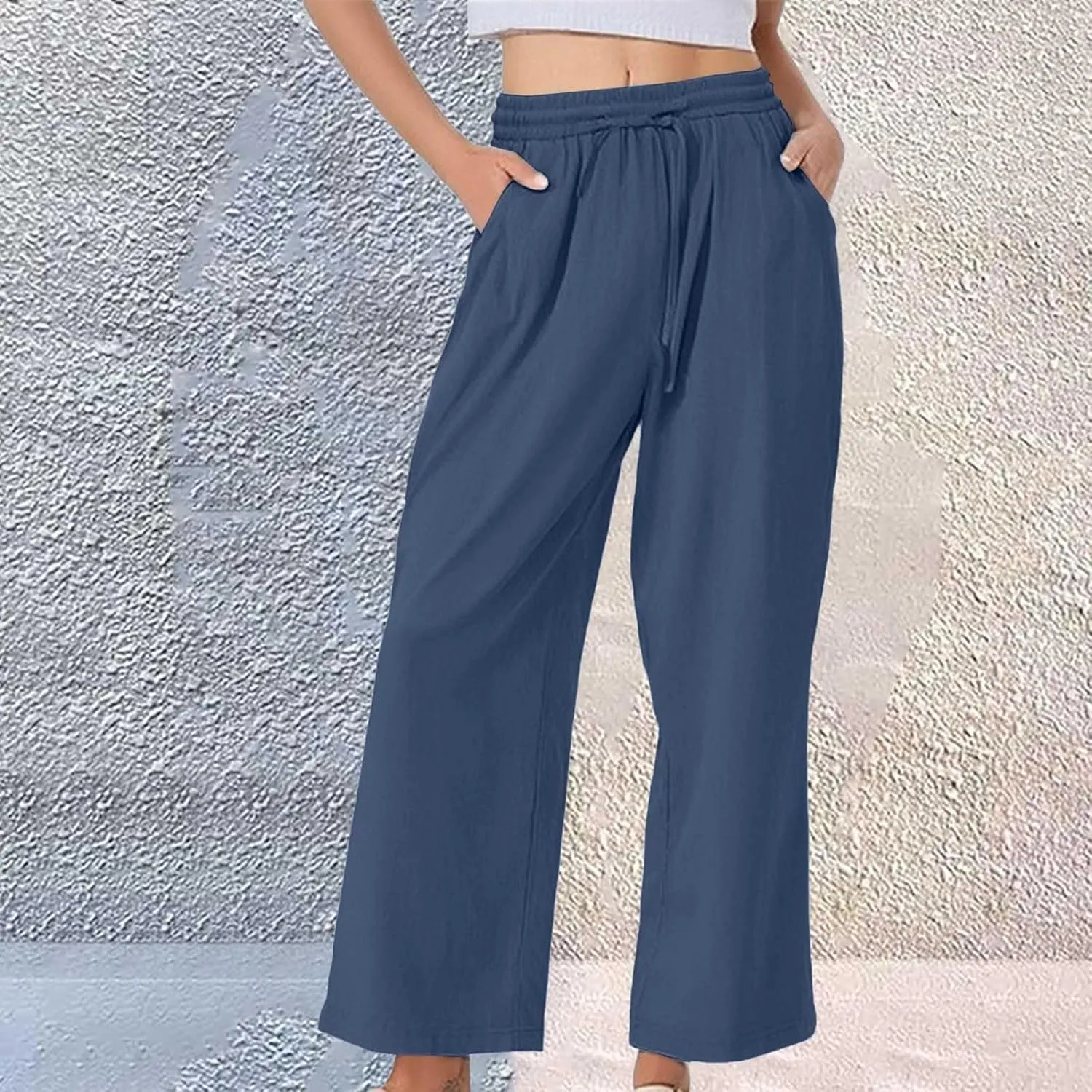 Womens Linen Pants Solid Casual High Waist Loose Fit Drawstring Trousers with Pockets Summer Beach Wear Fashion