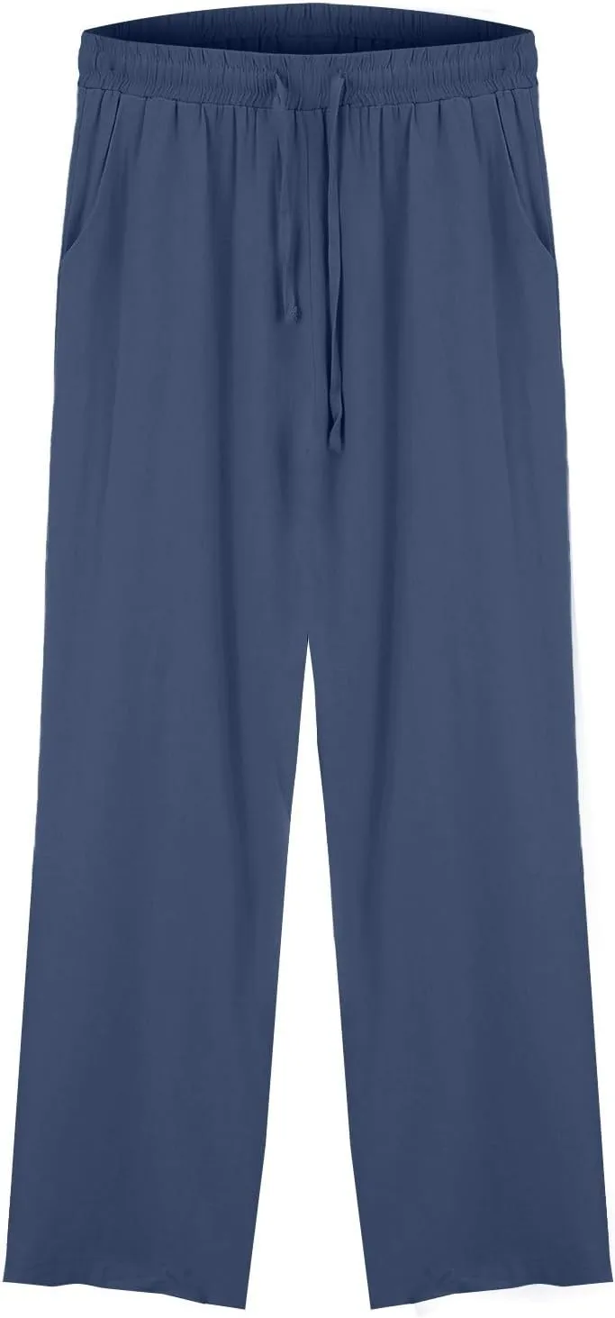 Womens Linen Pants Solid Casual High Waist Loose Fit Drawstring Trousers with Pockets Summer Beach Wear Fashion