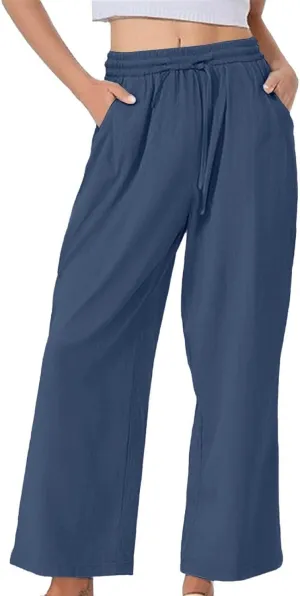 Womens Linen Pants Solid Casual High Waist Loose Fit Drawstring Trousers with Pockets Summer Beach Wear Fashion