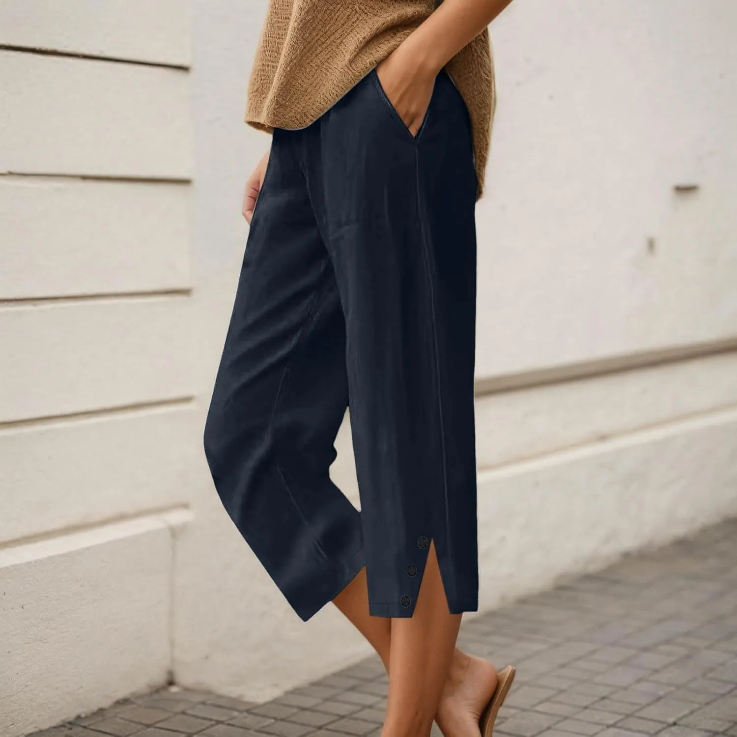 Womens Linen Pants Summer Lightweight Loose Casual Beach Pants Baggy Elastic Waisted Yoga Trousers with Pockets
