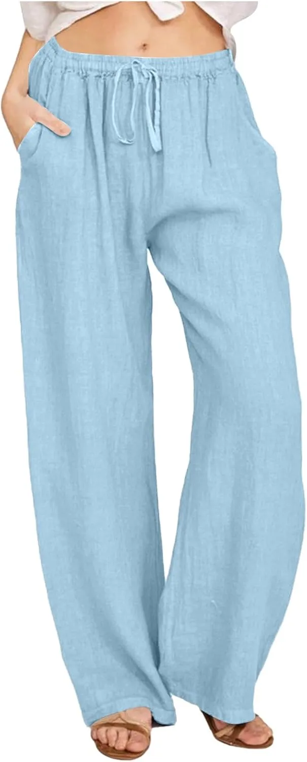 Women's Linen Pants Summer Lightweight Wide Leg Pants Drawstring Trousers Casual Travel Beach Pants with Pockets