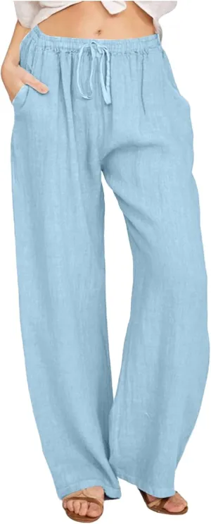 Women's Linen Pants Summer Lightweight Wide Leg Pants Drawstring Trousers Casual Travel Beach Pants with Pockets
