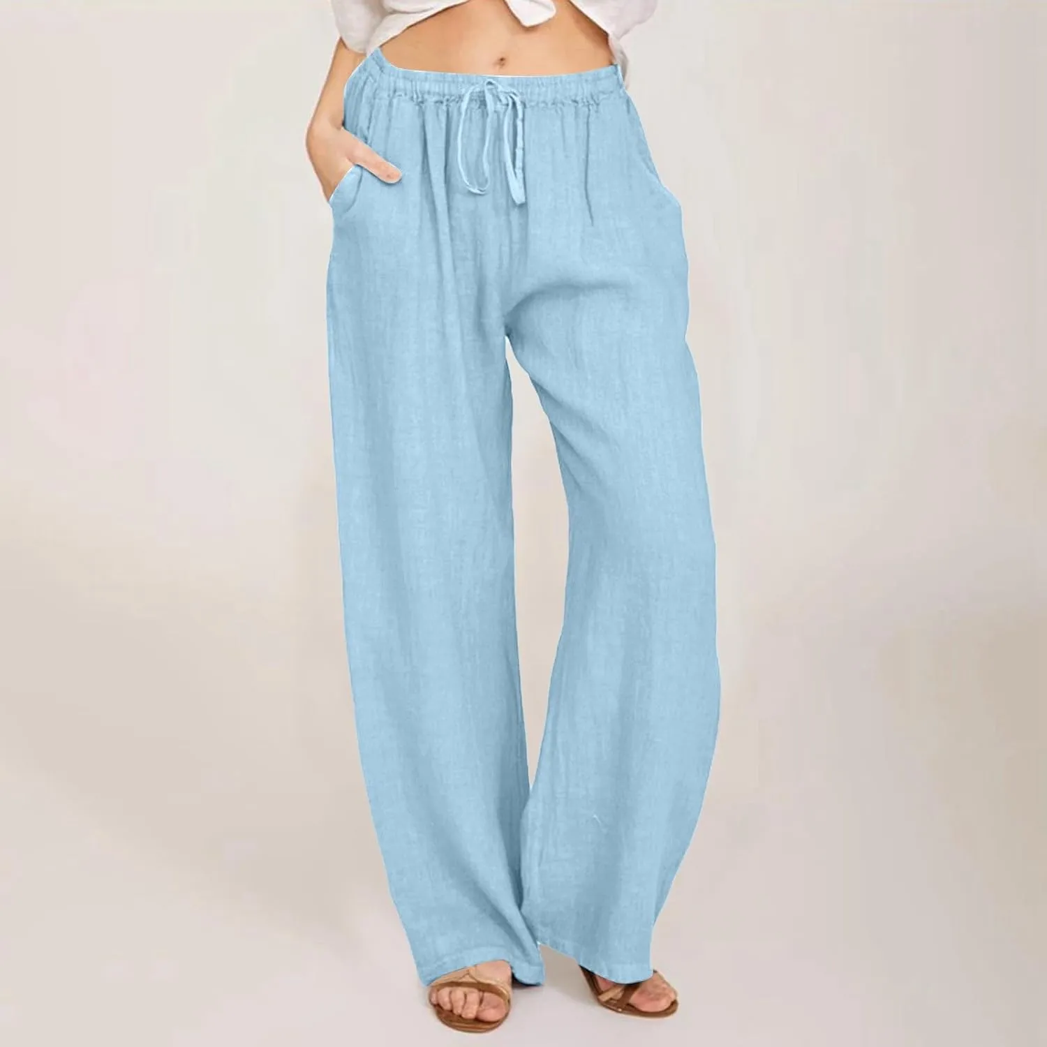 Women's Linen Pants Summer Lightweight Wide Leg Pants Drawstring Trousers Casual Travel Beach Pants with Pockets