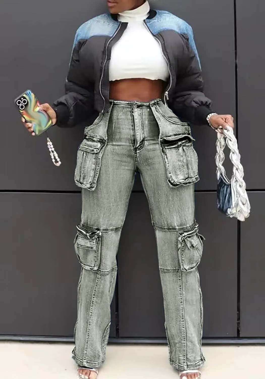 Women's Novelty Fashion Zip Side Slit High Waist Denim Jeans Pants with Multi Pockets
