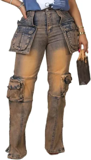 Women's Novelty Fashion Zip Side Slit High Waist Denim Jeans Pants with Multi Pockets