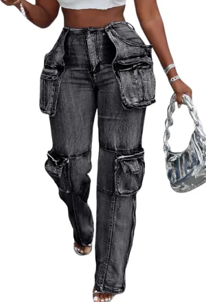 Women's Novelty Fashion Zip Side Slit High Waist Denim Jeans Pants with Multi Pockets