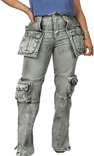 Women's Novelty Fashion Zip Side Slit High Waist Denim Jeans Pants with Multi Pockets