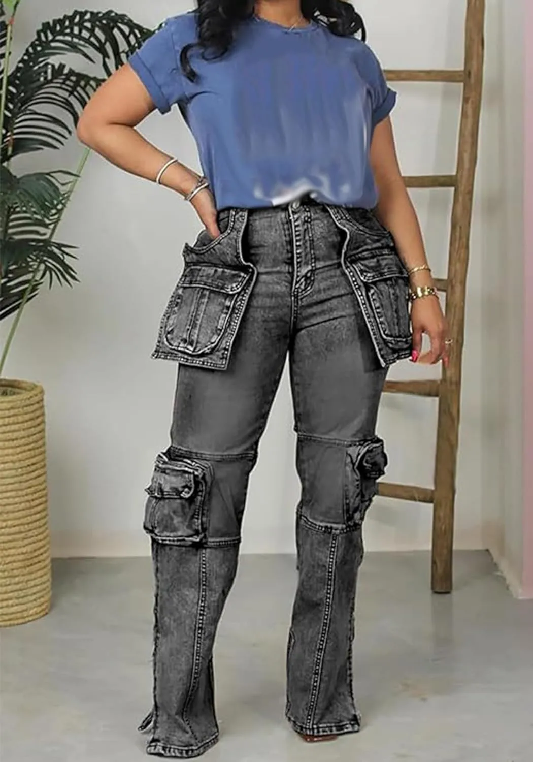 Women's Novelty Fashion Zip Side Slit High Waist Denim Jeans Pants with Multi Pockets