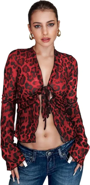 Women's Sheer Mesh Leopard Print Crop Top T Shirt Sexy Lace Deep V Neck Blouse Long Flare Sleeve Slim Tee Shirt