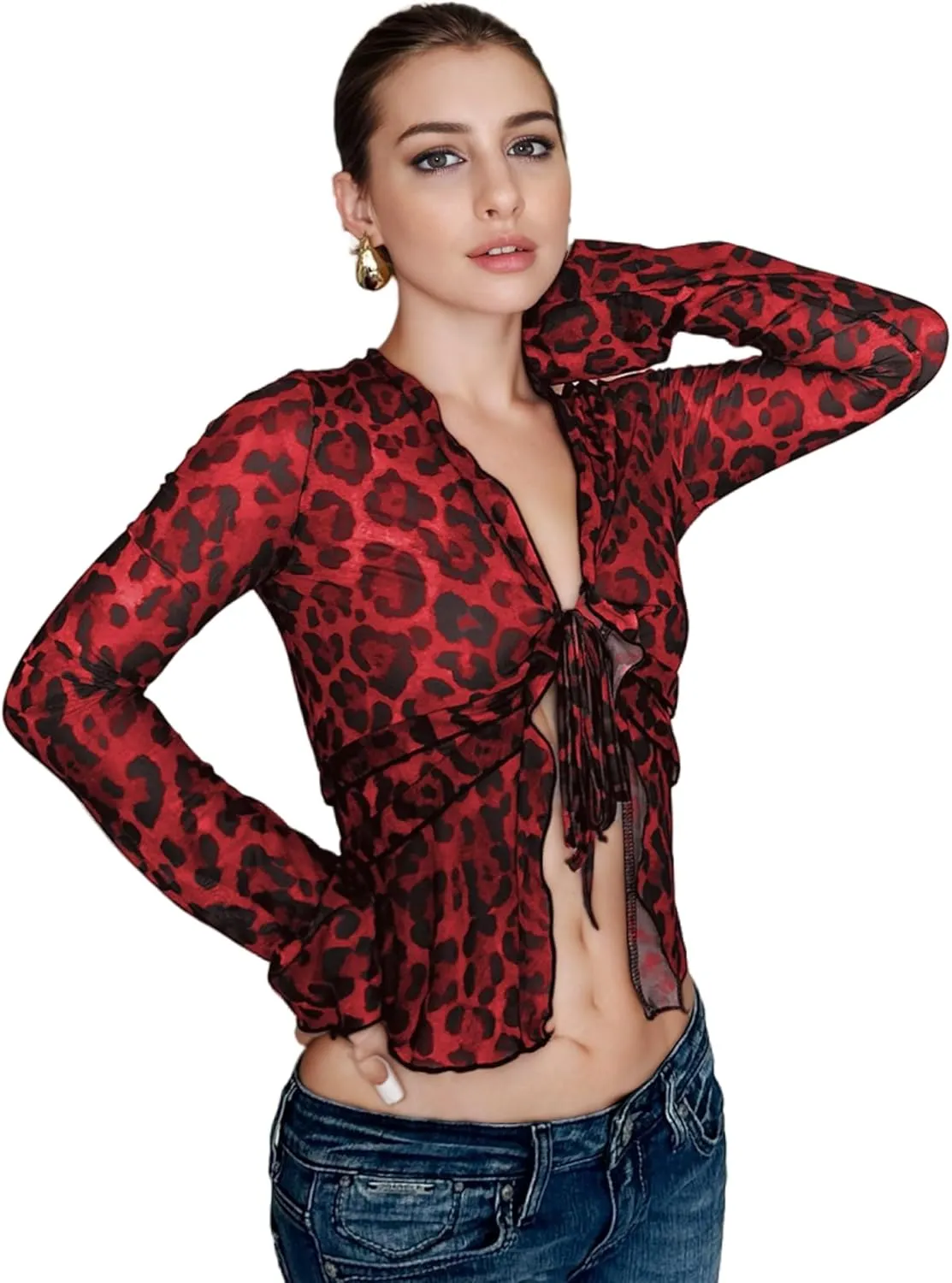 Women's Sheer Mesh Leopard Print Crop Top T Shirt Sexy Lace Deep V Neck Blouse Long Flare Sleeve Slim Tee Shirt