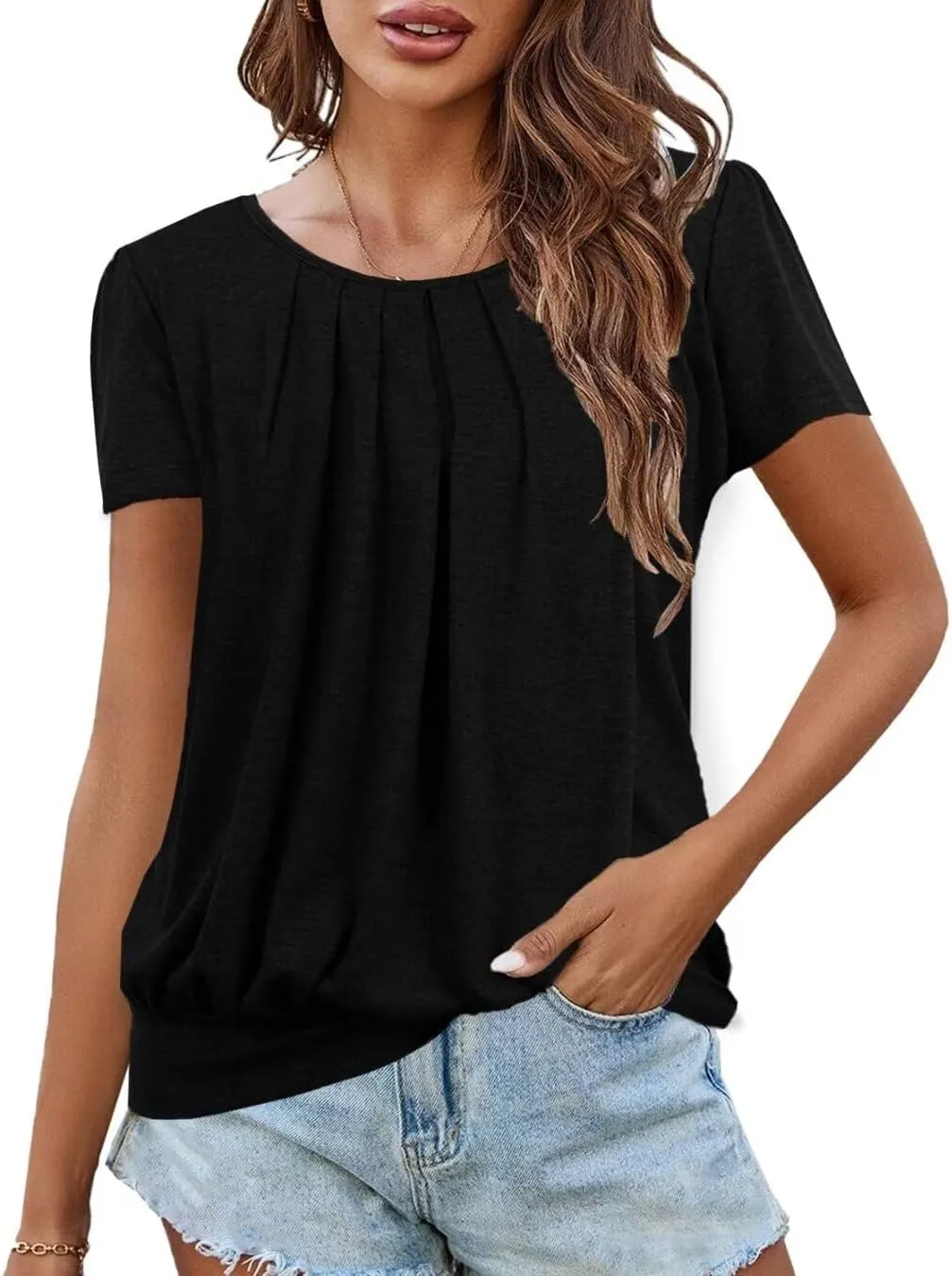 Women's Short Sleeve Tunic Tops Scoop Neck Banded Bottom Summer T Shirt for Leggings