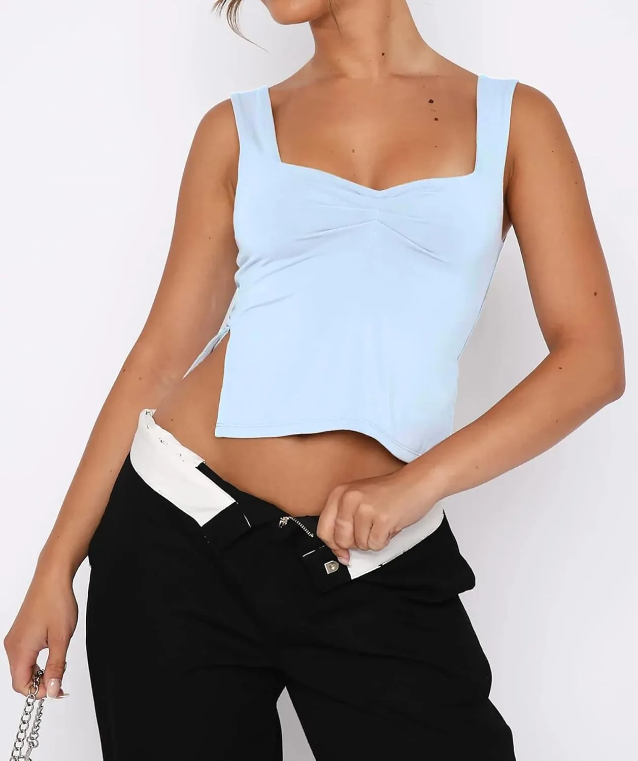 Women's Sleeveless Backless Going Out Crop Tank Top Sexy Pleated Sweetheart Neck Strappy Y2K Slits Cropped Tops
