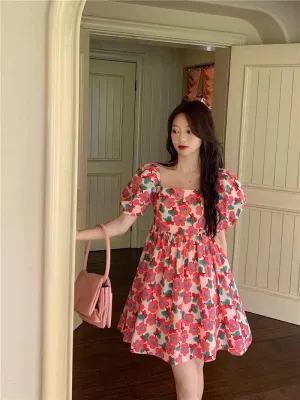 Women's Square Neck Puff Short Sleeve Ruffle Flowy Mini Dress Floral Print Short A Line Dresses