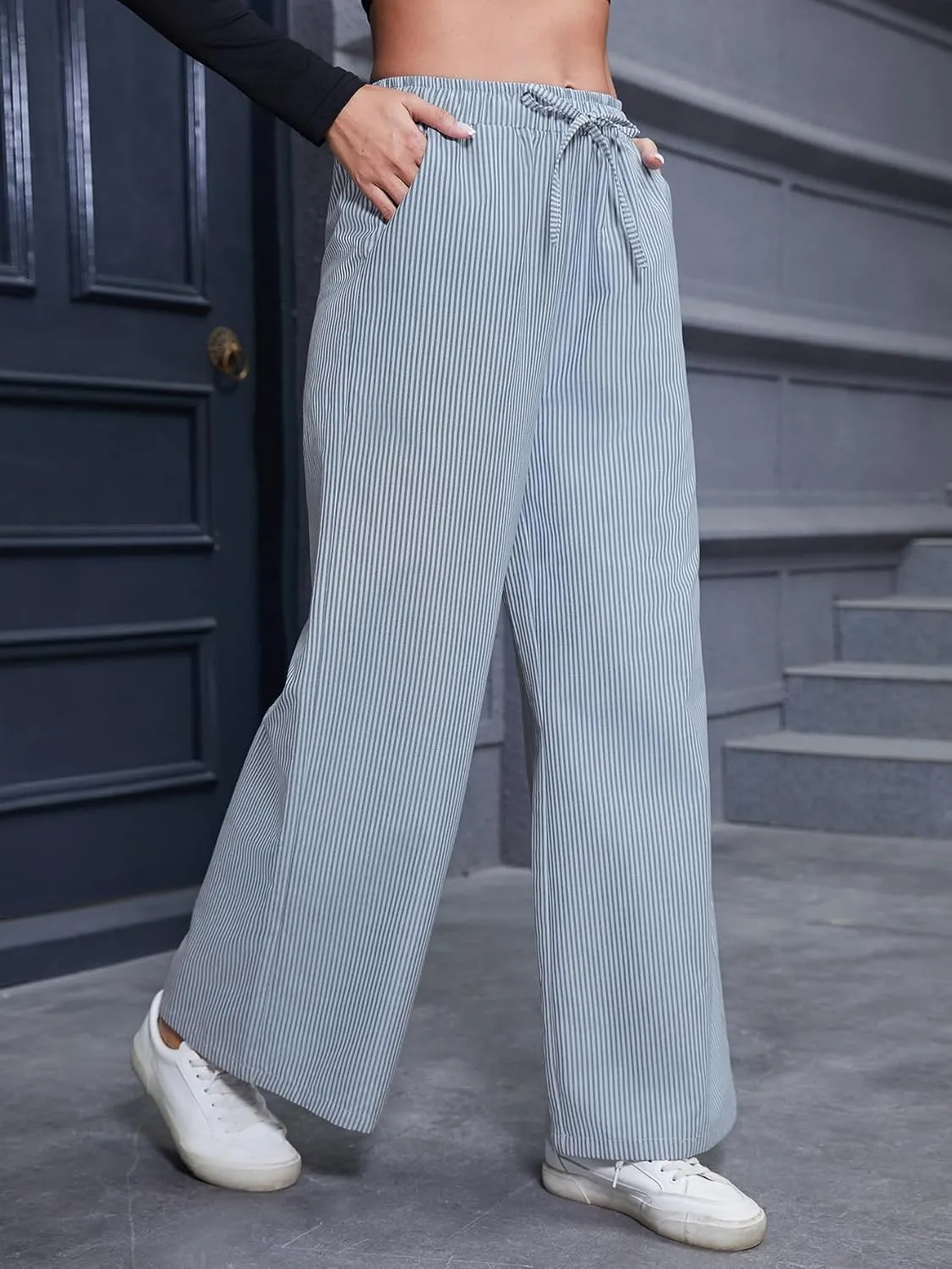 Women's Striped Wide Leg Pants with Pockets High Waist Drawstring Loose Trousers Palazzo Pants