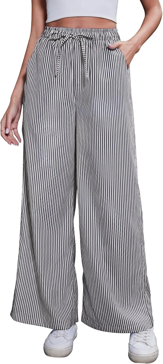 Women's Striped Wide Leg Pants with Pockets High Waist Drawstring Loose Trousers Palazzo Pants