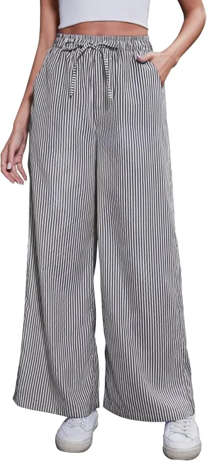 Women's Striped Wide Leg Pants with Pockets High Waist Drawstring Loose Trousers Palazzo Pants