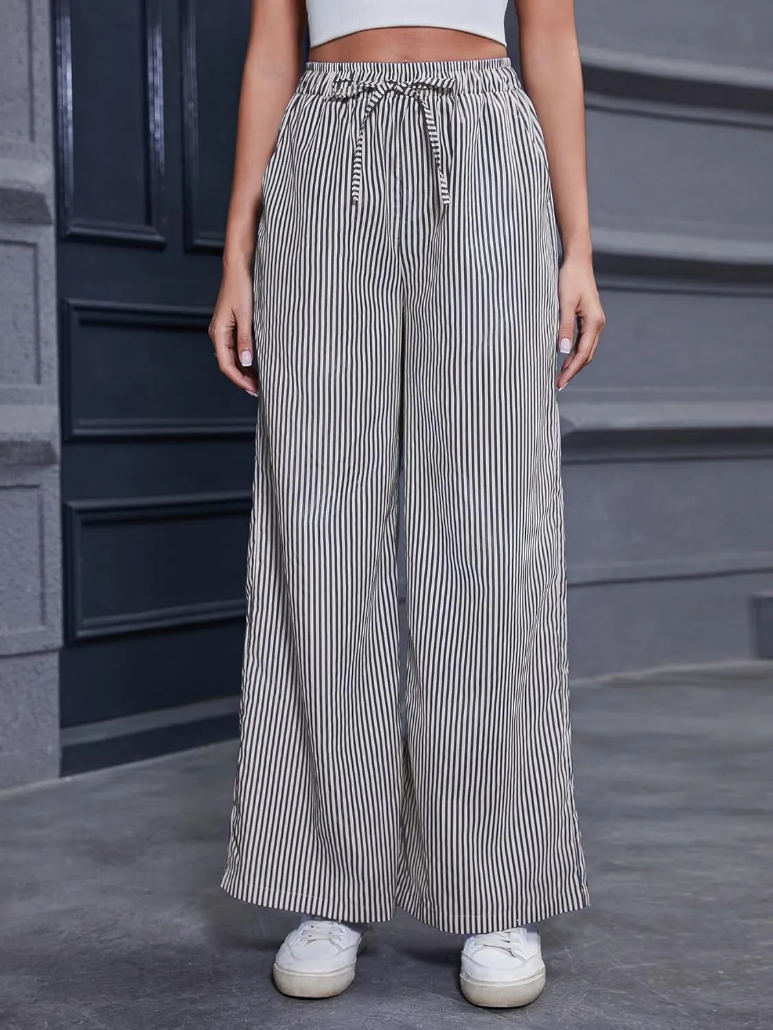 Women's Striped Wide Leg Pants with Pockets High Waist Drawstring Loose Trousers Palazzo Pants