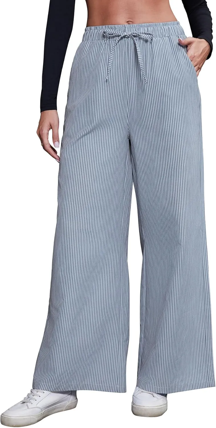 Women's Striped Wide Leg Pants with Pockets High Waist Drawstring Loose Trousers Palazzo Pants