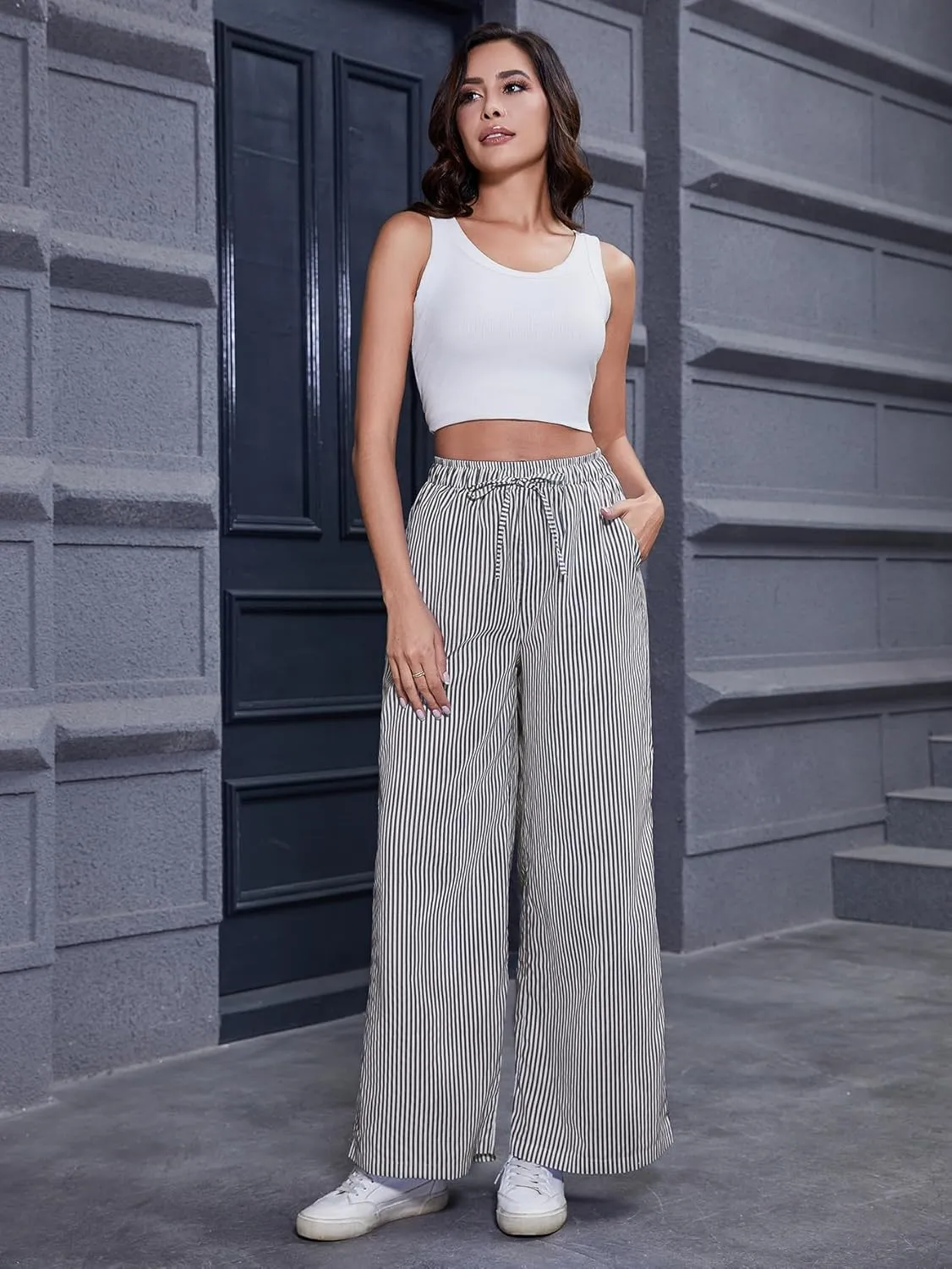 Women's Striped Wide Leg Pants with Pockets High Waist Drawstring Loose Trousers Palazzo Pants