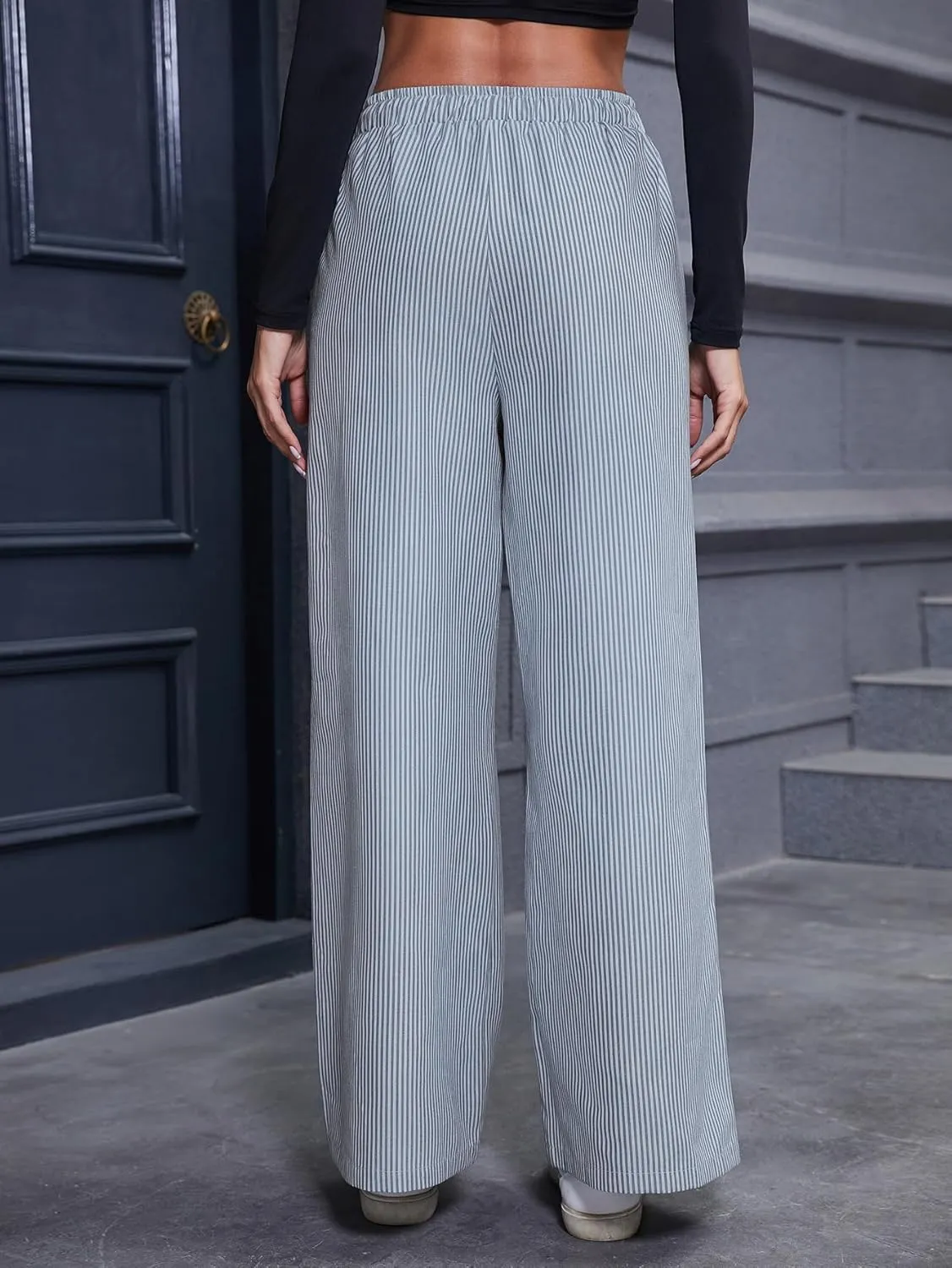 Women's Striped Wide Leg Pants with Pockets High Waist Drawstring Loose Trousers Palazzo Pants