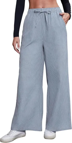 Women's Striped Wide Leg Pants with Pockets High Waist Drawstring Loose Trousers Palazzo Pants