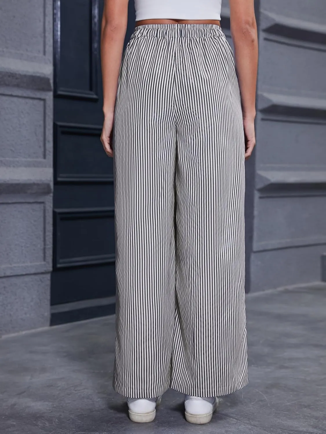 Women's Striped Wide Leg Pants with Pockets High Waist Drawstring Loose Trousers Palazzo Pants