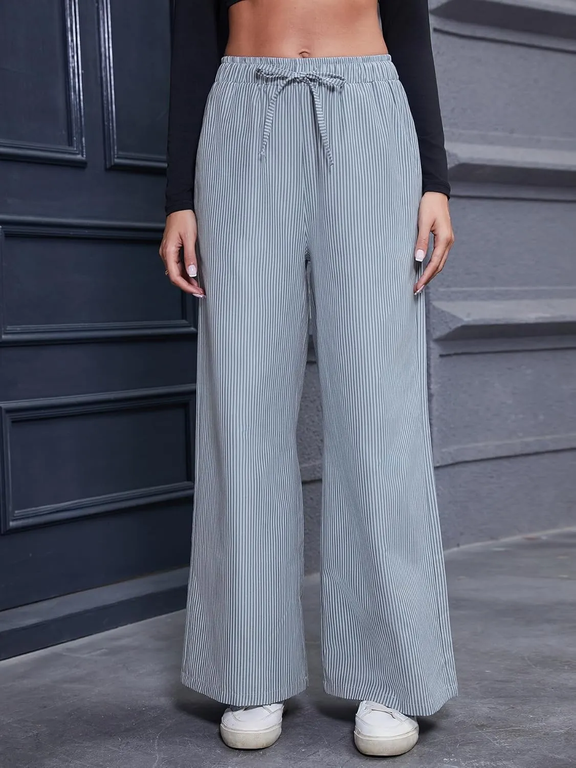 Women's Striped Wide Leg Pants with Pockets High Waist Drawstring Loose Trousers Palazzo Pants
