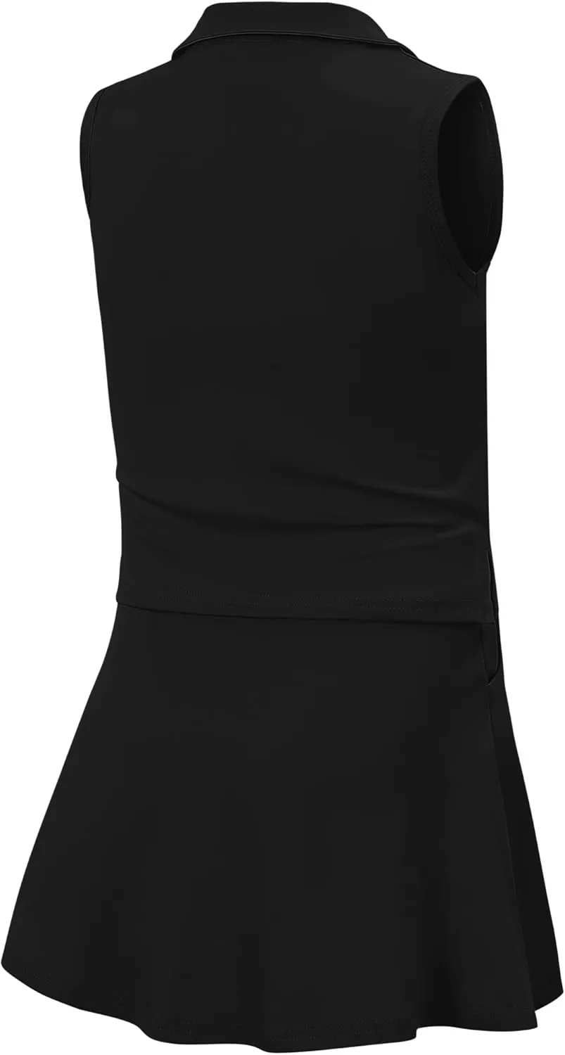 Women's Tennis Golf Dress Outfit Sleeveless Dress with Pockets Athletic Skorts and Polo Tank Top Sets