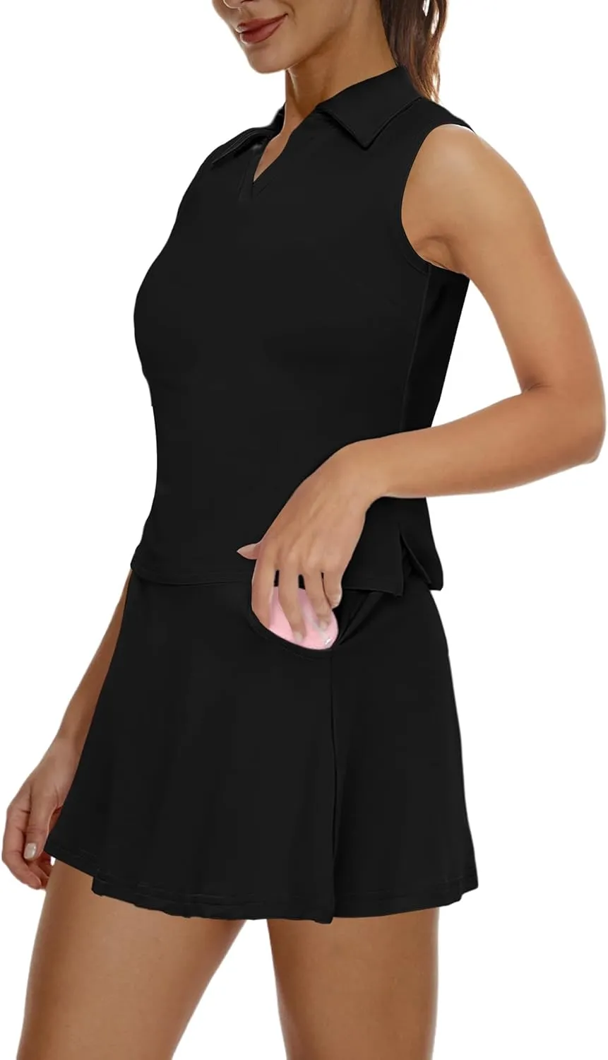 Women's Tennis Golf Dress Outfit Sleeveless Dress with Pockets Athletic Skorts and Polo Tank Top Sets