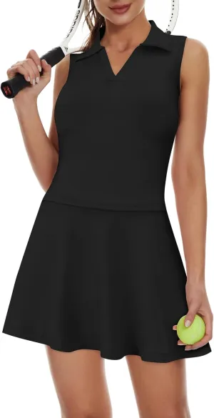 Women's Tennis Golf Dress Outfit Sleeveless Dress with Pockets Athletic Skorts and Polo Tank Top Sets