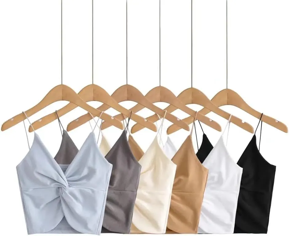 Womens Twist Front Wrap Cropped Cami Tank Tops Spaghetti Strap Double Layer Rib Knit Camisole