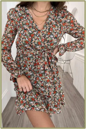 Women's V Neck Long Sleeve Ruffle Flowy Mini Dress Floral Print Tie Front Short A Line Dresses