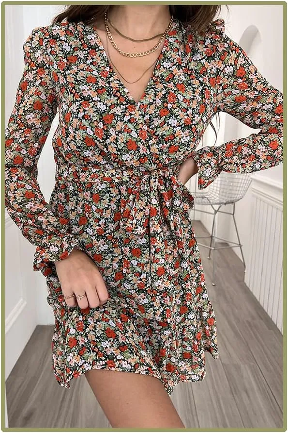 Women's V Neck Long Sleeve Ruffle Flowy Mini Dress Floral Print Tie Front Short A Line Dresses