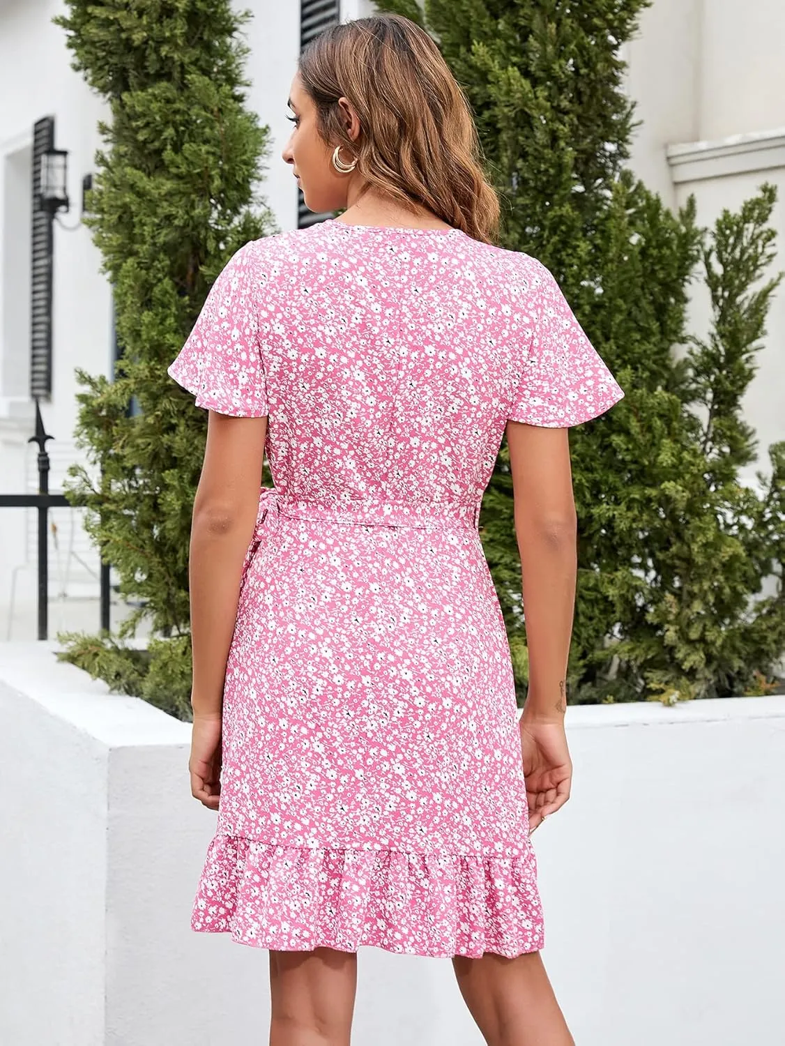 Women's V Neck Ruffle Short Sleeve Floral Print Mini Dress Tie Front Boho Short A Line Dresses