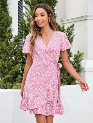 Women's V Neck Ruffle Short Sleeve Floral Print Mini Dress Tie Front Boho Short A Line Dresses
