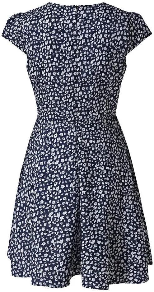 Women's V Neck Short Sleeve Ruffle Flowy Mini Dress Floral Print Short A Line Dresses