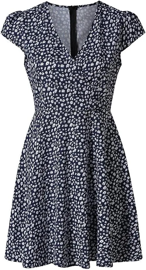 Women's V Neck Short Sleeve Ruffle Flowy Mini Dress Floral Print Short A Line Dresses