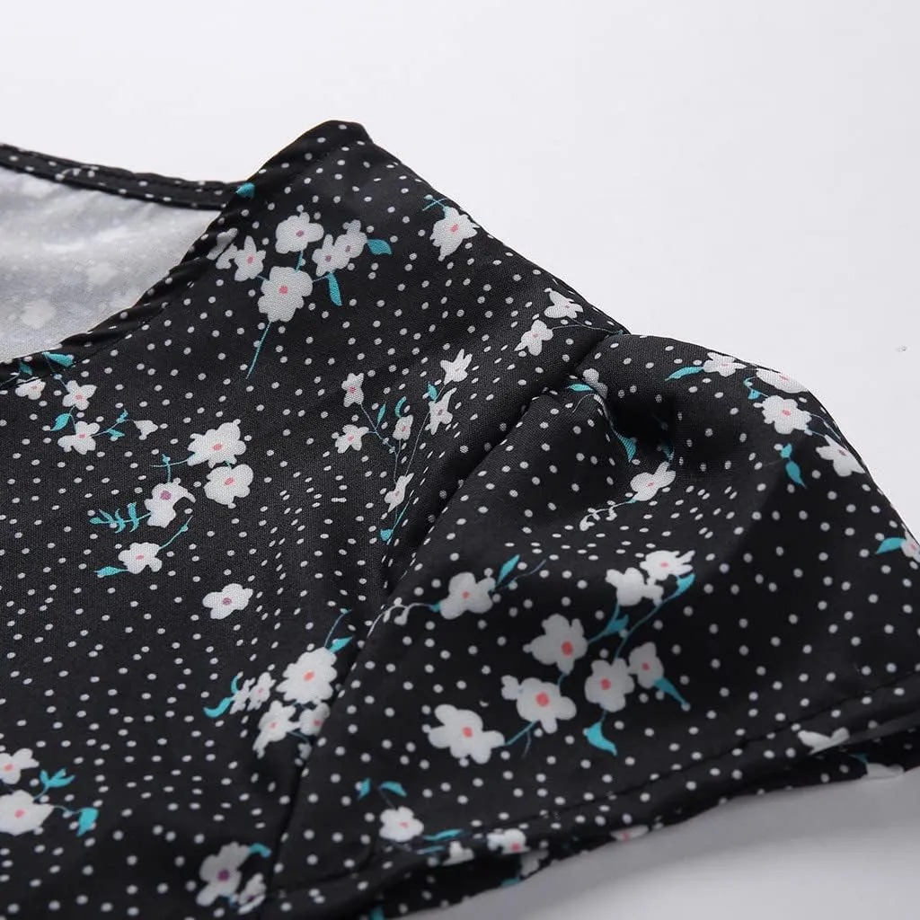 Women's V Neck Short Sleeve Ruffle Flowy Mini Dress Floral Print Short A Line Dresses