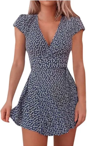 Women's V Neck Short Sleeve Ruffle Flowy Mini Dress Floral Print Short A Line Dresses