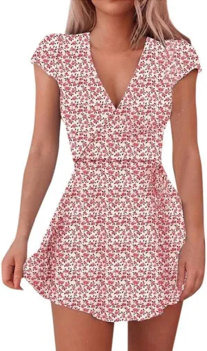 Women's V Neck Short Sleeve Ruffle Flowy Mini Dress Floral Print Short A Line Dresses